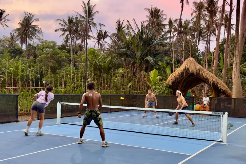 Pickleball court completely surrounded by jungle