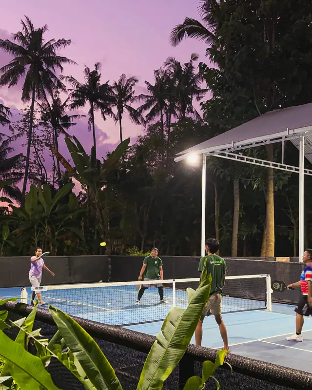 Players playing under a purple tropical sunset